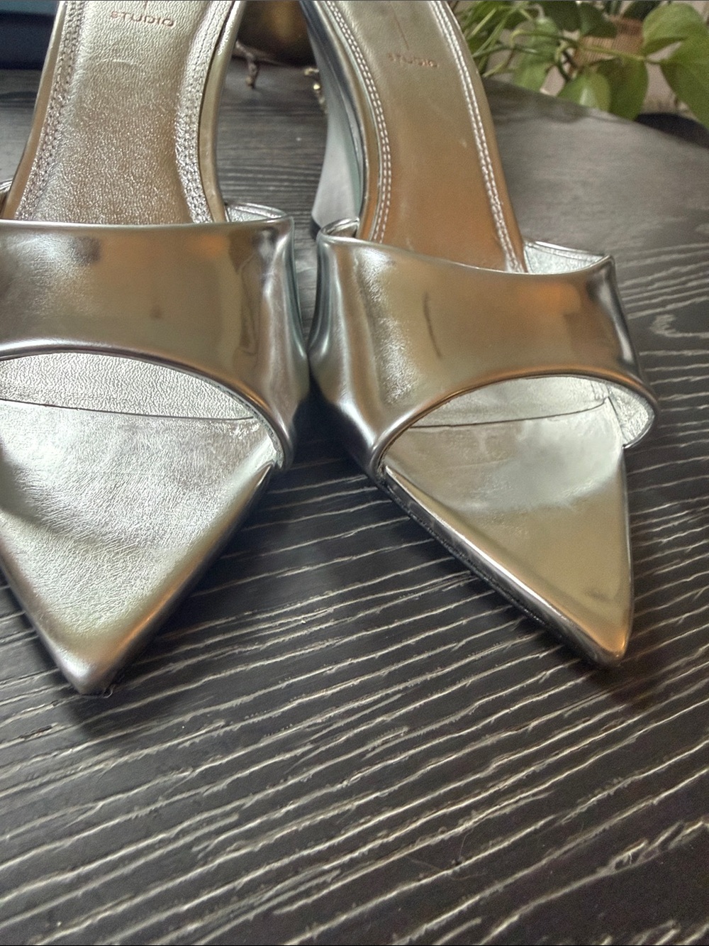 Black Sued Studio Metallic Silver Maeva Mules Wedge Sandals Pointy Toe Sz 38 - Picture 8 of 14